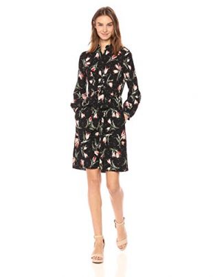 Rebecca Taylor Women's Long Sleeve Ikat Tie Dress, Black Combo, 8