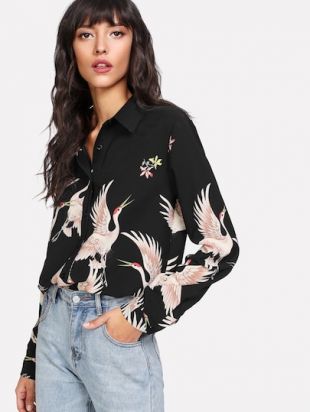 Blouse imprimée de grue avec bouton