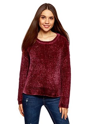 oodji Ultra Femme Pull en Chenille à Col Rond, Rouge, FR 44 / XL