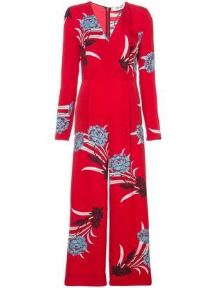 Red CROSSOVER JUMPSUIT Oriental Floral Print Flared