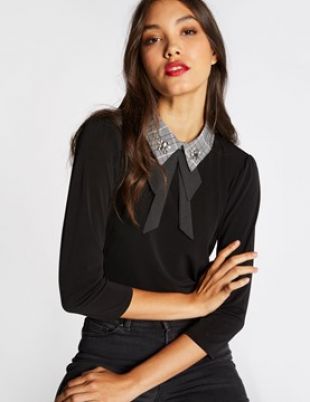 T shirt manches 3/4 col chemise à bijoux