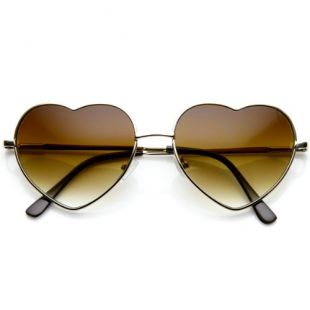 Small Thin Metal Heart Shaped Frame Cupid Sunglasses (Gold Amber)