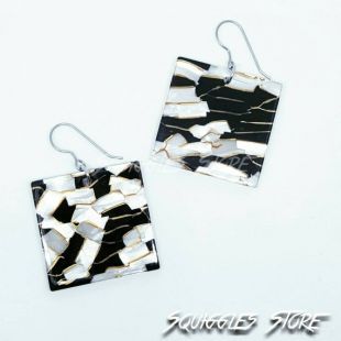 Boucles D’oreilles Carrées – Noir Et Strass – Argenté, Alliage – Neuf Sans Emballage
