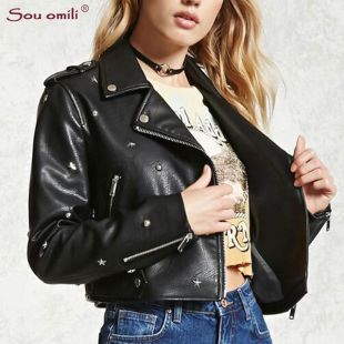 Star/stud Spike Leather Jacket Women Brown Jacket Moto Coat