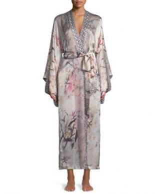 Christine Designs Nightingale Long Floral Print Silk Robe