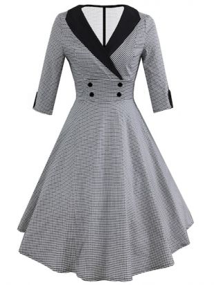 Robe circulaire col contrasté imprimée de pied de poule