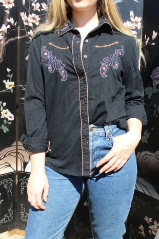VTG Vintage 1990 ' s 90 ' s noir Paisley Cowboy Cowgirl Style Western Ranchwear à col chemise avec des Accents de Beige / / taille M