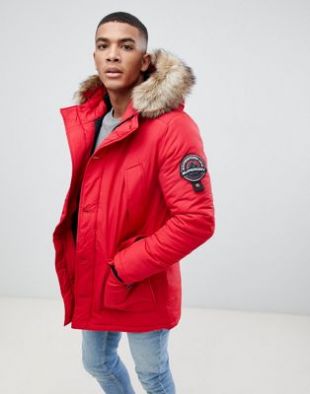 Everest hooded parka jacket with faux fur trim in red