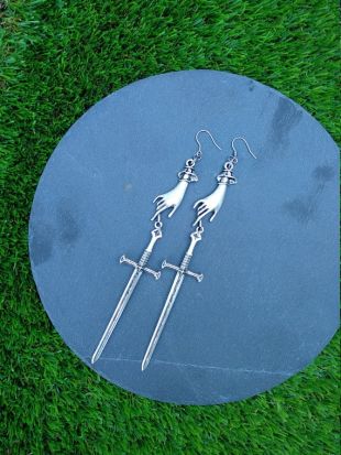 Tarot earrings, large sword earrings silver, hand earrings, statement earrings, gothic earrings, medieval earrings, witchy earrings