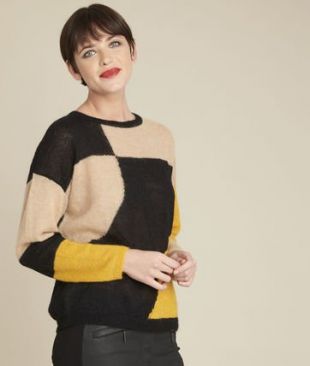 Pull noir colorblock alpaga et mohair