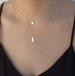 Crescent and Star Silver Moon and Star Layering Necklace, gold moon necklace, double strand, gold star necklace, silver star.