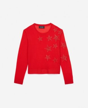 Pull mérinos rouge broderies étoiles