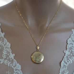 Collier antique Gold Filled Photo   ronde feuilles Floral gravé pendentif Vintage   délicat Gold Filled 14 carats chaîne