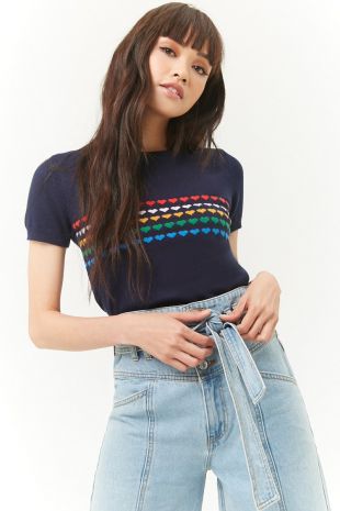 Forever 21 Multicolor Hearts Sweater Knit Top