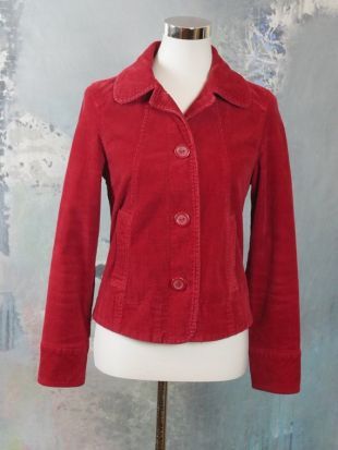 Veste en velours côtelé des années 1990, cordon rouge recadrée Button Down veste rétro : taille 8 US, 12 UK