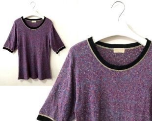 90 s vintage tunique S / M « Scarlett » a neigé couleur violet surdimensionné pull, noir / or côtes tricots, nous taille 8 10, 80 s vêtements street