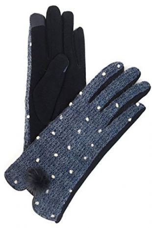 Women's Winter Gloves - Touch Screen - Elegant Polka Dot Design - Genuine Fur Puff at Wrist - Plush & Soft Interior (Navy)