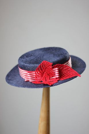 Bleu rouge canotier milanais de chapeau de paille, chapellerie, canotier, chapeau paille, course bibi chapeaux, chapeaux Vintage femmes