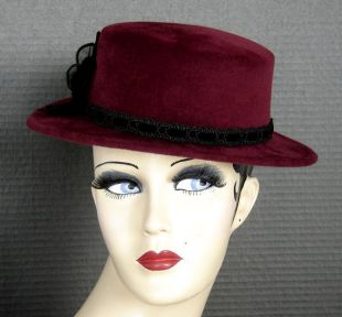 Wine Red Velour Parisian Boater Style Hat On Sale
