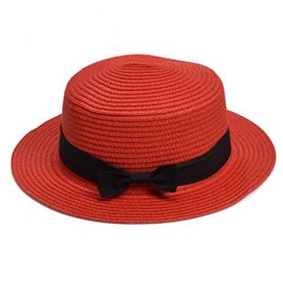 Lawliet Womens Straw Boater Hat Fedora Panama Flat Top Ribbon Summer A456 (Red)