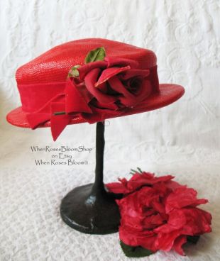 Vintage Hat Red Straw With Red Rose Quaint Style TopperTailored Elegant Tea Hat  Style WhenRosesBloom