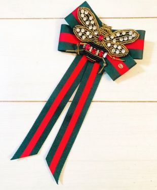 Gucci GG bee green red ribbon bow brooch