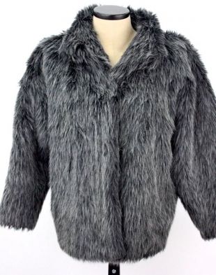 Vintage des années 1990 Galerie fausse fourrure manteau gris noir sel & poivre veste en fourrure à poils longs Sz XS femmes avec crochet de fermeture