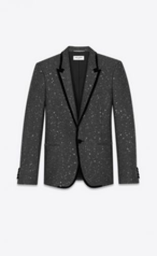 Saint Laurent Veste en tweed pailletté et galon en velours