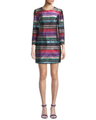 Trina Turk Occasion Jewel Neck 3/4 Sleeve Metallic Party Striped Dress