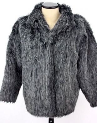 Vintage des années 1990 Galerie fausse fourrure manteau gris noir sel & poivre veste en fourrure à poils longs Sz XS femmes avec crochet de fermeture