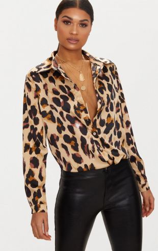 Tan Leopard Print Satin Oversized Shirt