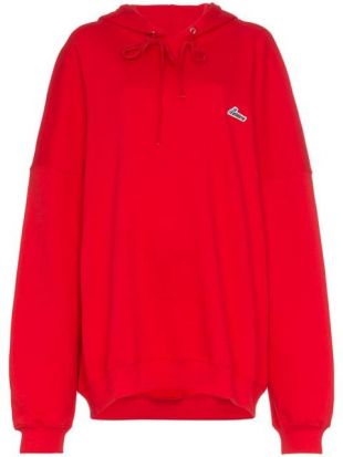 We11done Red Hoodie Oversized Logo Patch Cotton