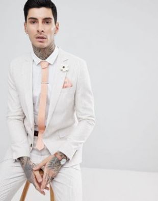 Gianni Feraud Skinny Fit Wedding Linen Stone Stripe Suit Jacket at asos.com