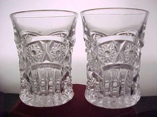 Antique EAPG verres whisky clair (2) vers 1908 Cambridge verre Nearcut #2696 fourchettes motif, Vintage pressé Jigger ou verre à Shooter