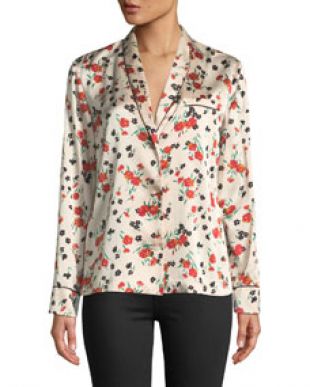 Leomie Floral Print Silk Button Front Top