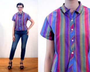 des années 60 à rayures Blouse M, Madras vert violet coton Inde bouton Vintage chemise à manches courtes Retro colorés des femmes, Medium