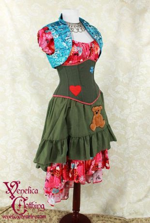 Firefly Kaylee Inspired Olive Green Steel Boned Corset w/Heart & Flower Patches   You Choose Your Corset Style   Custom Sized
