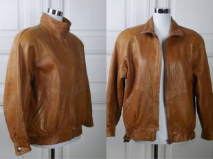 Veste en cuir des années 1980, finlandais Vintage doré noyer cendré des femmes Tan Cuir zippée veste w aile ou col officier : taille 10 US, 14 au Royaume Uni