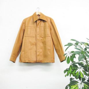 Vintage des années 1970 pour homme en cuir veste beige marron simili cuir chemise s’enclenche Mod Western collier manches longues K Mart léger veste similicuir S/M