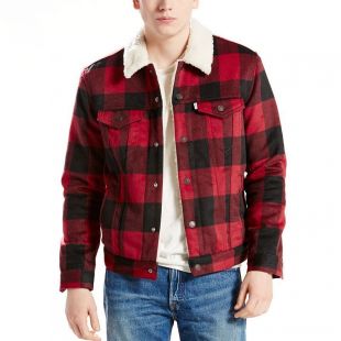 Levis Jeans Mens Red/Black Buffalo Plaid Check Sherpa Type 3 Trucker Jacket Wool