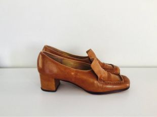 des années 60 mod chaussures cuir Tan talons Chunky par vie Stride 9,5 41 42