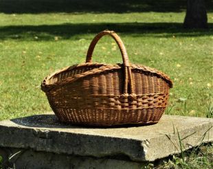 Vintage Wicker Basket, Large Farm Basket, Three Weave Centerpiece, Woven Wood Decoration, Flat Bottom Gathering Basket, Brown Entryway Decor
