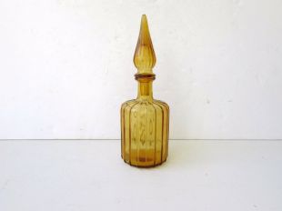 Au milieu du siècle, carafe en verre moderne   côtes ambre en verre   bouchon de flamme   Mid Century Barware moderne   carafe en verre doré   soufflé