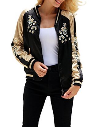 Simplee Women's Casual Floral Embroidery Reversible Satin Bomber Jacket, Black, 10, Large