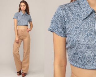 Crop Top géométrique chemise rétro chemise des années 70 haut bleu Zip Up Boho court manches haut rétro Vintage des années 1970 Hippie Bohème Hipster Extra Small xs