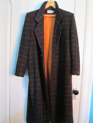 Manteau Trench en laine, XL années 1970 Black Plaid w / coucher de soleil Orange Double Breasted, Vintage en laine d’hiver Long manteau
