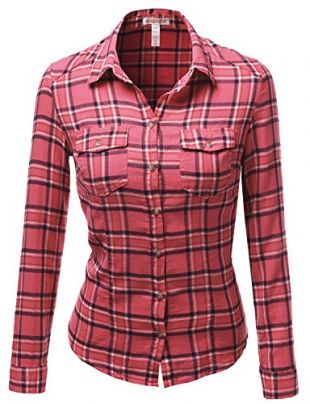 awesome21 - Awesome21 Women's Slim Fit Line Plaid Shirt Top Blouses