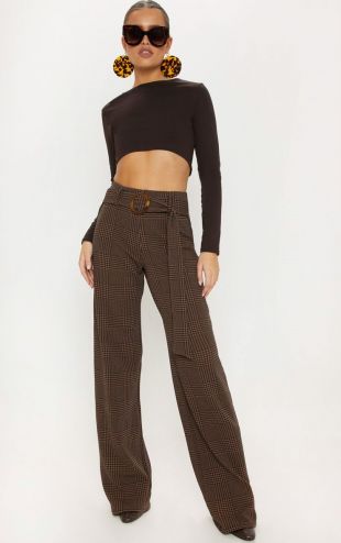 Chocolate Check Tortoise Shell Belted Wide Leg Trouser