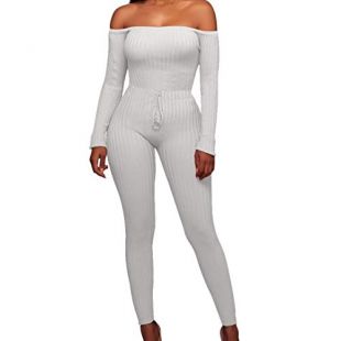 iYYVV Women Fashion Fancy Off Shoulder Long Sleeve Sexy Bodycon Hip Rompers Jumpsuit White
