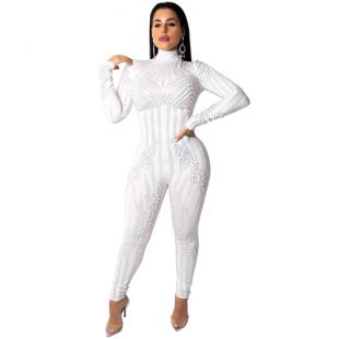 Autumn Slim Hot Drilling Plus Pearl Mesh Nightclub High Collar Jumpsuits Women  | eBay